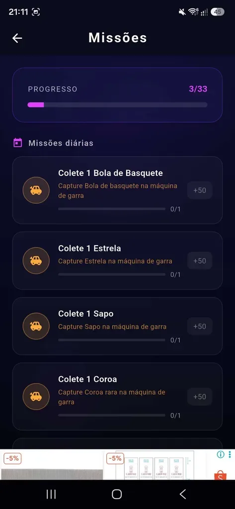 Tela do aplicativo: Missões e progresso