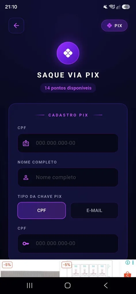 Tela do aplicativo: Resgate via PIX